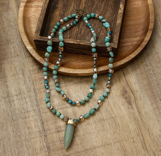 Nye 2025 Bohemian Style Amazonite  & Decor Single , 2 rader Kjede m/Point Anheng
