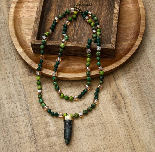 Nye 2025 Bohemian Style Green Stone & Decor Single , 2 rader Kjede m/Point Anheng