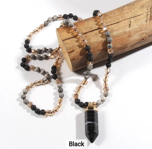 Nye 2025 Bohemian Style Sort Agate & Decor Single , Langt Kjede m/Point Anheng
