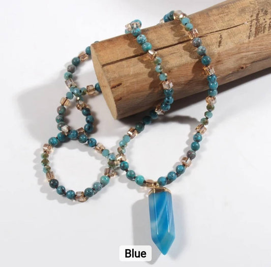 Nye 2025 Bohemian Style Blue Agate & Decor Single , Langt Kjede m/Point Anheng