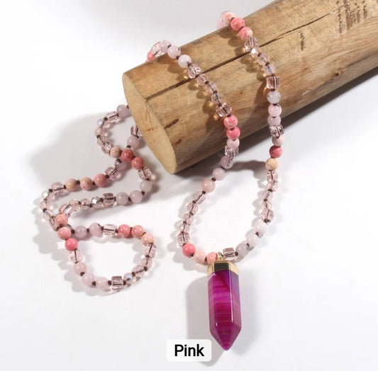 Nye 2025 Bohemian Style Pink Agate & Decor Single , Langt Kjede m/Point Anheng