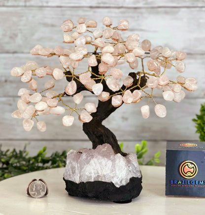 KAMPANJE / Vakkert og eksklusivt Feng Shui - Bonsai ROSE QUARTZ Brazilian Lykketre m/ ekte krystaller og Ametyst Clusterfot, 22cm, vekt ca. 2,5,kg, 120 Krystaller, MEDIUM