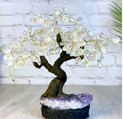 Vakre og eksklusive Feng Shui - Bonsai Brazilian Lykketrær m/ ekte CLEAR QUARTZ krystaller og Ametyst Quartz Clusterfot, ca. 35cm, vekt ca. 5kg, 180 Krystaller, LARGE
