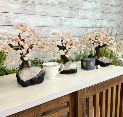 KAMPANJE / Vakkert og eksklusivt Feng Shui - Bonsai ROSE QUARTZ Brazilian Lykketre m/ ekte krystaller og Ametyst Clusterfot, 22cm, vekt ca. 2,5,kg, 120 Krystaller, MEDIUM