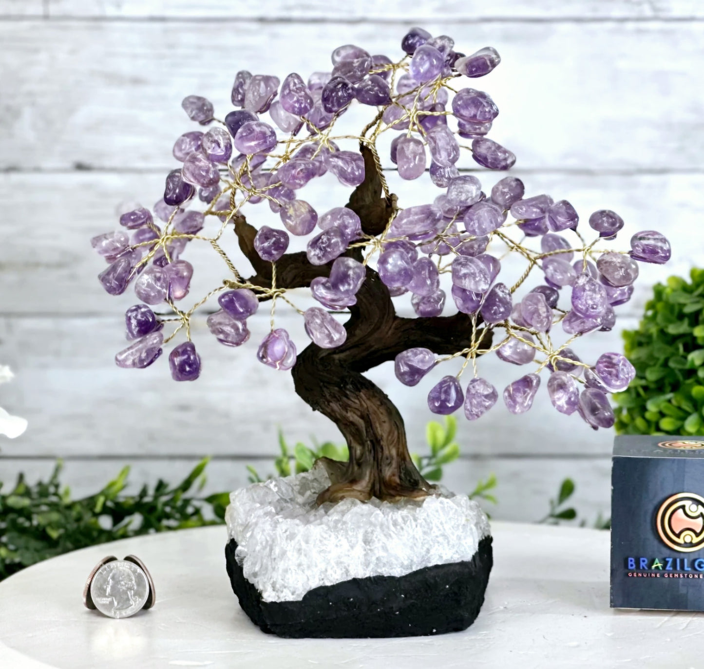 KAMPANJE / Vakkert og eksklusivt Feng Shui - Bonsai AMETYST QUARTZ Brazilian Lykketre m/ ekte krystaller og Ametyst Clusterfot, 22cm, vekt ca. 2,5,kg, 120 Krystaller, MEDIUM