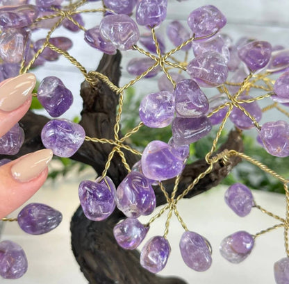 KAMPANJE / Vakkert og eksklusivt Feng Shui - Bonsai AMETYST QUARTZ Brazilian Lykketre m/ ekte krystaller og Ametyst Clusterfot, 22cm, vekt ca. 2,5,kg, 120 Krystaller, MEDIUM