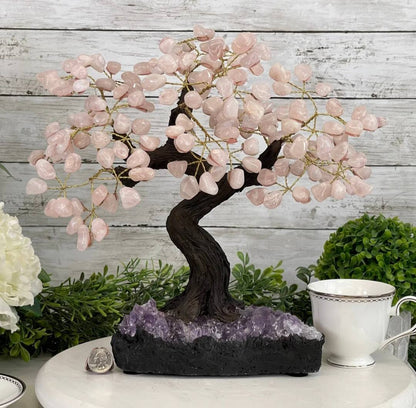 Vakre og eksklusive Feng Shui - Bonsai Brazilian Lykketrær m/ ekte ROSE QUARTZ krystaller og Ametyst Quartz Clusterfot, ca. 35cm, vekt ca. 5kg, 180 Krystaller, LARGE
