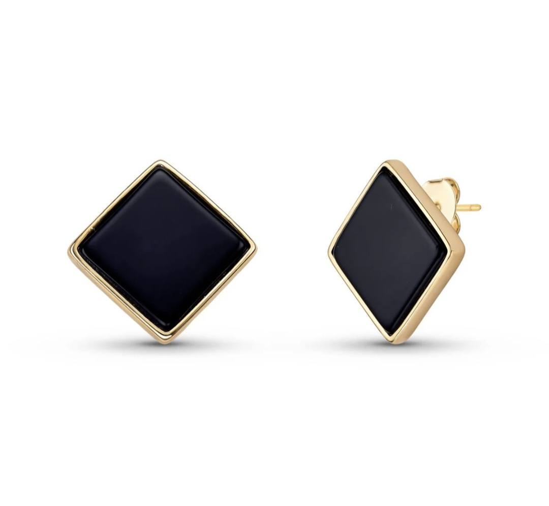 Drop Style 18K Gold Plated Earrings w/ Square Shaped Natural Gemstones, Black AGATE