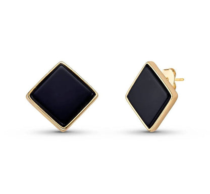 Drop Style 18K Gold Plated Earrings w/ Square Shaped Natural Gemstones, Black AGATE