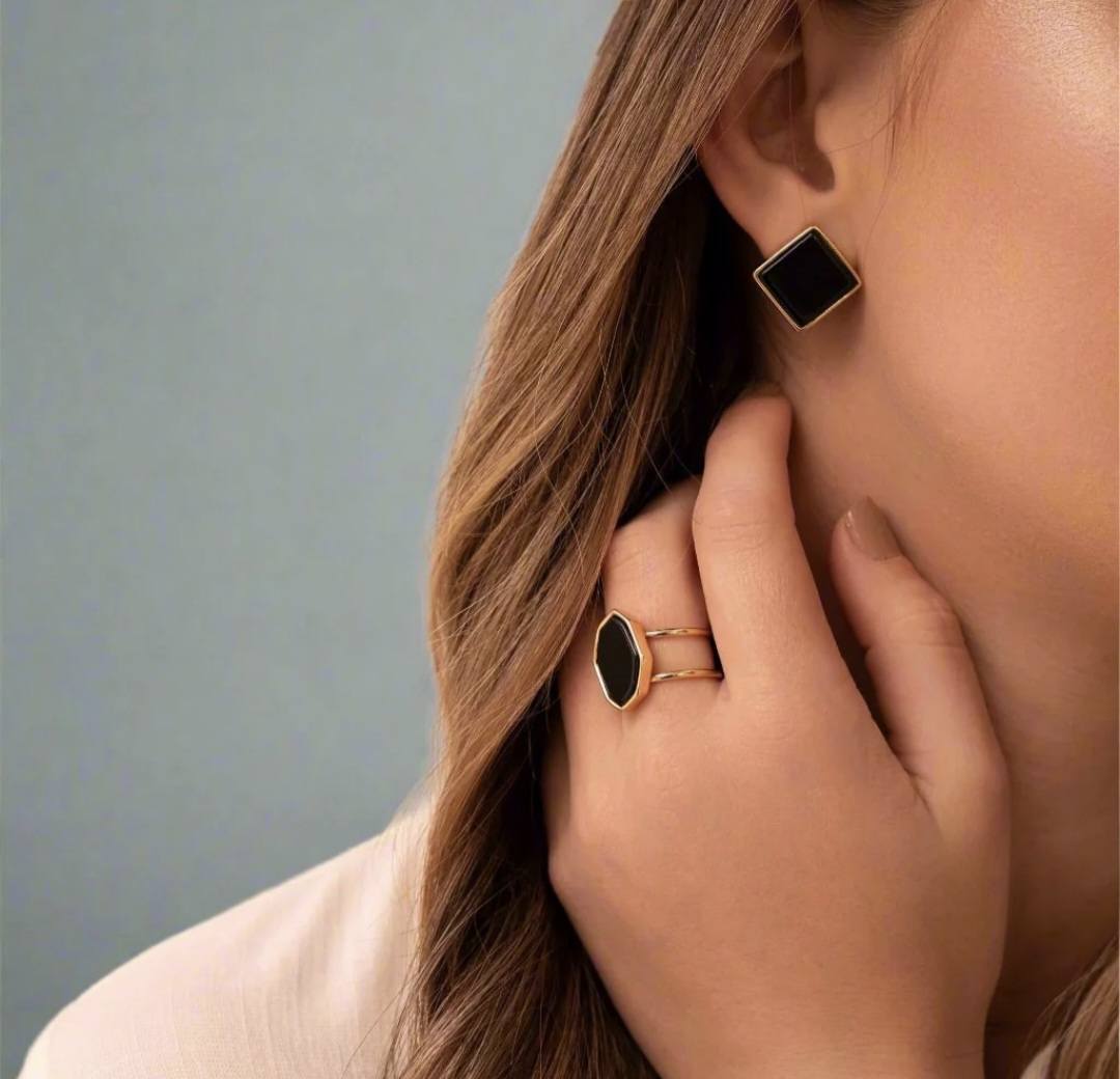 Drop Style 18K Gold Plated Earrings w/ Square Shaped Natural Gemstones, Black AGATE