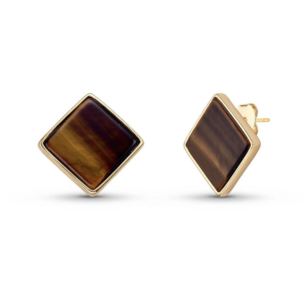 Drop Style 18K Gold Plated Earrings w/ Square Shaped Natural Gemstones, TIGEREYE