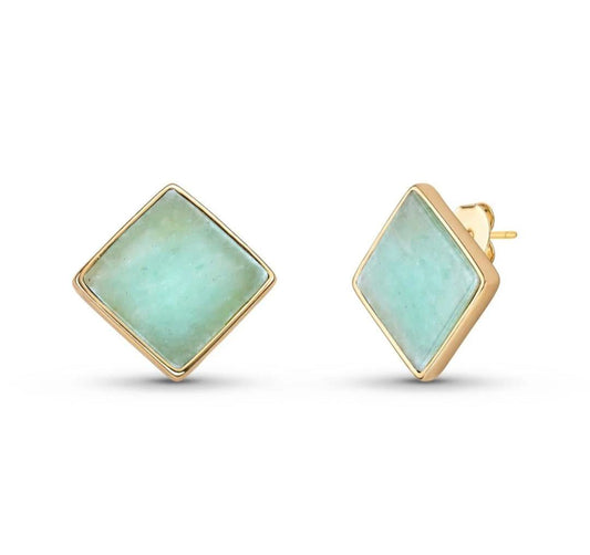 Drop Style 18K Gold Plated Earrings w/ Square Shaped Natural Gemstones, Green Quartz