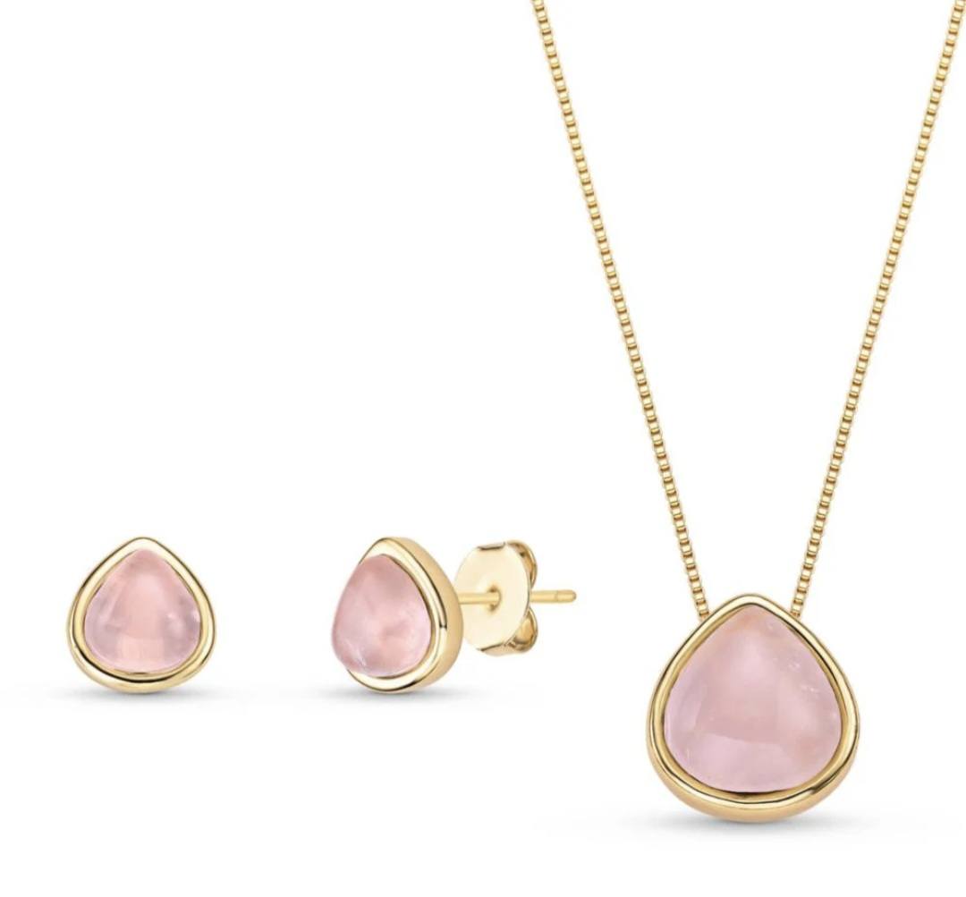 New 2025 Brazil Gem Rose Quartz Shape 18k Gold Plated Necklace & Earring Set