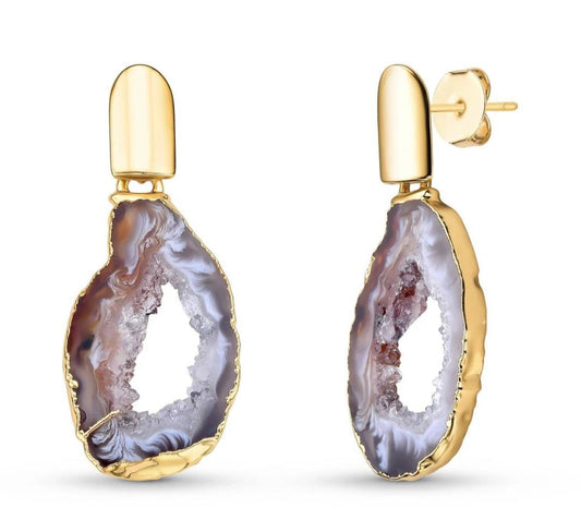 New 2025 Brazil Gem Natural Druse Agate Stone Øredobber, 18K/Gold Electroplated