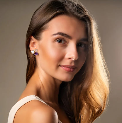 New 2025 Brazil Gem Drop Style 18K Gold Plated Earrings with 3 Natural Ametyst Gemstones