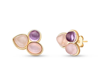 New 2025 Brazil Gem Drop Style 18K Gold Plated Earrings with 3 Natural Ametyst & Rose Quartz Gemstones