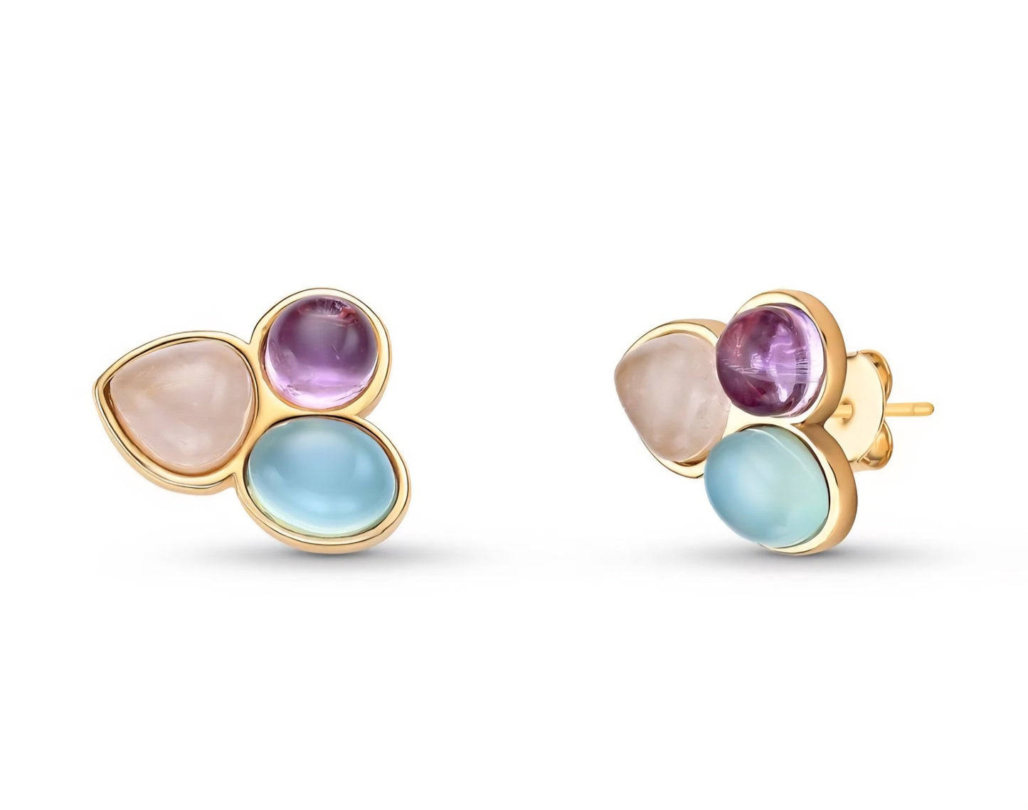 New 2025 Brazil Gem Drop Style 18K Gold Plated Earrings with 3 Natural Ametyst & Rose Quartz, Aqua Blue Gemstones