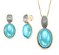 New 2025 Brazil Gem / Vintage Style Pearlized Gold Plated & Black Rhodium Plated Necklace & Earring Set, Sky Blue Agate (Pearlized)