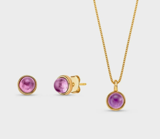 New 2025 Brazil Gem Amethyst Round Cabochons 18k Gold Plated Necklace & Earring Set