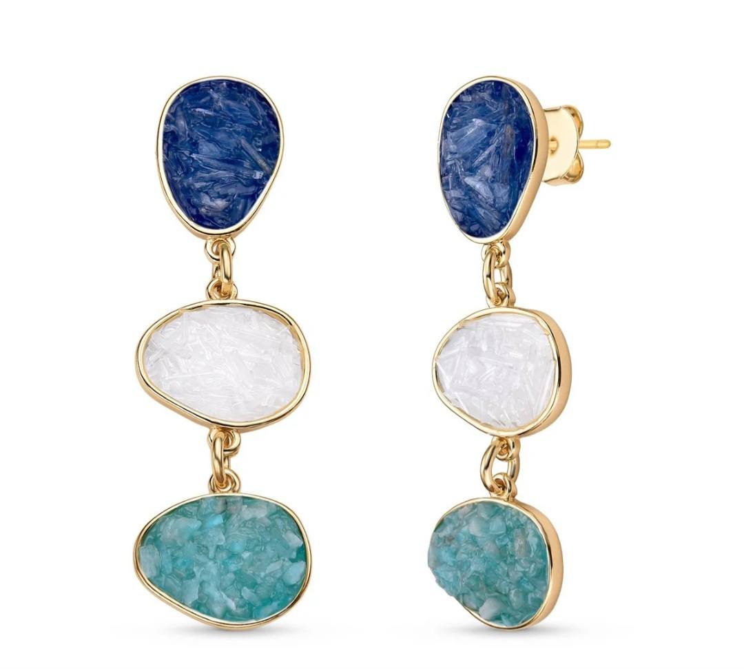 Dangle Style 18K Gold Plated Earrings w/ Fragments of Natural Stones, Ametyst, Selenite, Amazonite