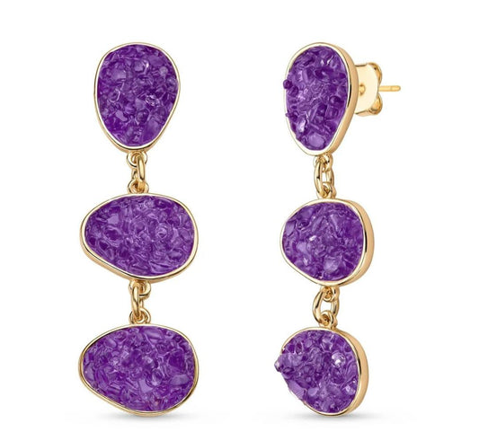 Dangle Style 18K Gold Plated Earrings w/ Fragments of Natural Stones, Ametyst
