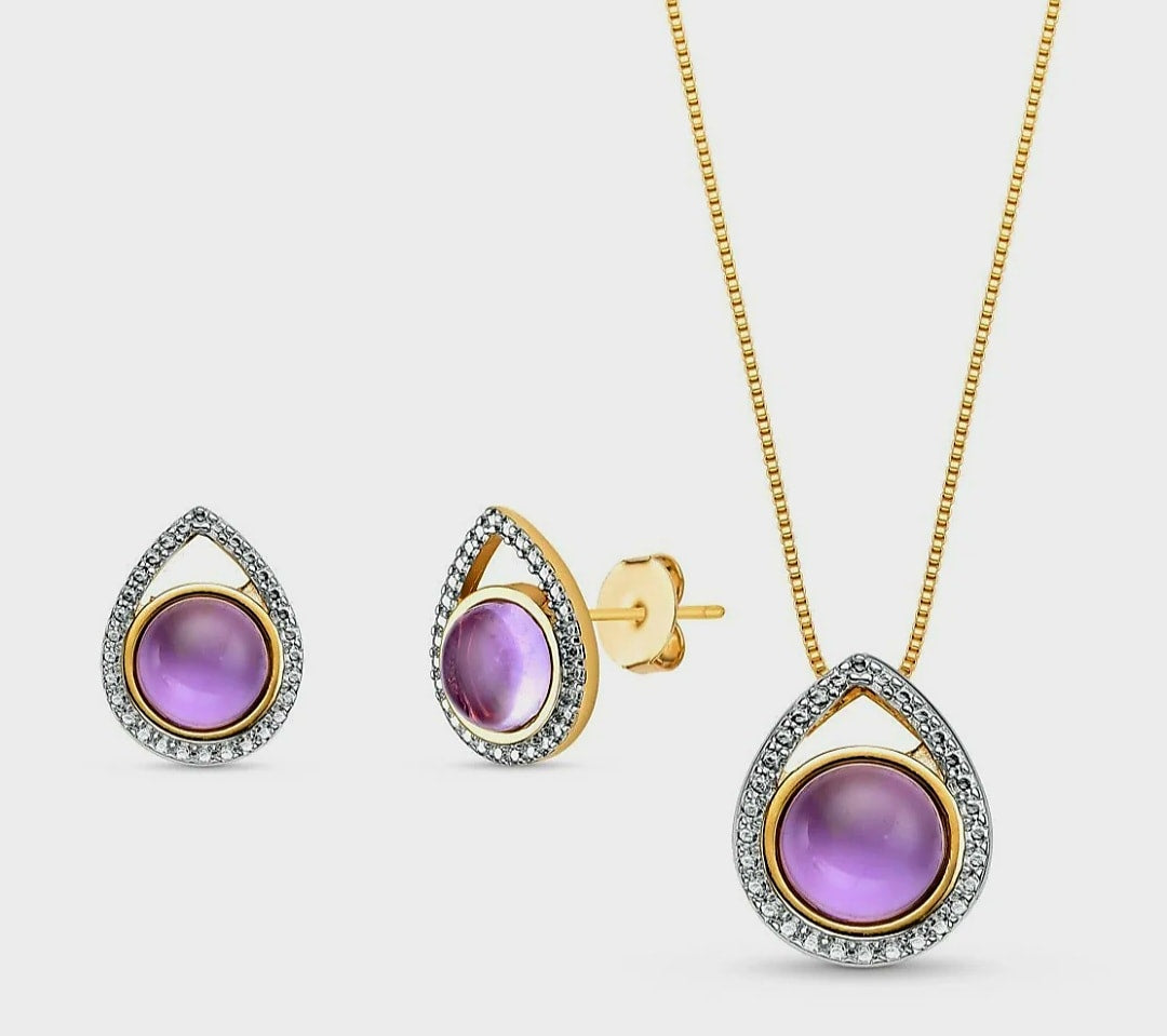Brazil Gem Round Amethyst on Teardrop 18k Gold Plated Necklace & Earring Set