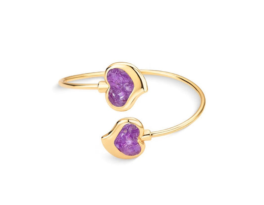 New 2025 Brazil Gem Heart Shaped Cuff Style 18K Gold Plated Bracelet w/ Natural Ametyst