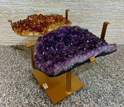 KAMPANJE / HIGH QUALITY BRAZILIAN AMETYST & CITRINE ( Heated ) CLUSTER GEODE COFFEE / SOFA TABLE SET , Totalvekt ca. 43kg. - 76x43cm - Høyde 69cm