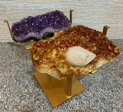 KAMPANJE / HIGH QUALITY BRAZILIAN AMETYST & CITRINE ( Heated ) CLUSTER GEODE COFFEE / SOFA TABLE SET , Totalvekt ca. 48kg. - 80x56cm - Høyde 56cm