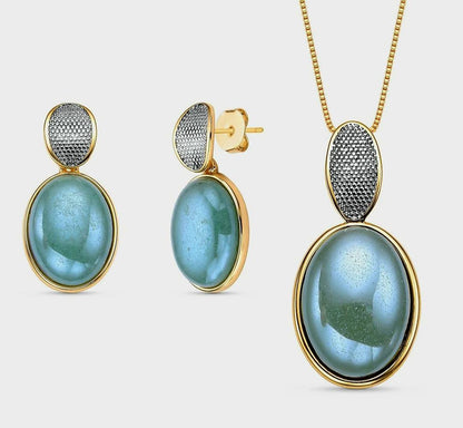 New 2025 Brazil Gem / Vintage Style Pearlized Gold Plated & Black Rhodium Plated Necklace & Earring Set, Green Quartz (Pearlized)