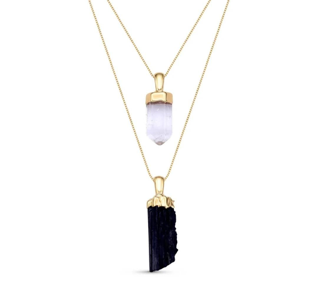 New 2025 Brazil Gem , Natural Black Turmaline & Clear Quartz Necklace, 18K/Gold Electroplated