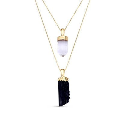 New 2025 Brazil Gem , Natural Black Turmaline & Clear Quartz Necklace, 18K/Gold Electroplated