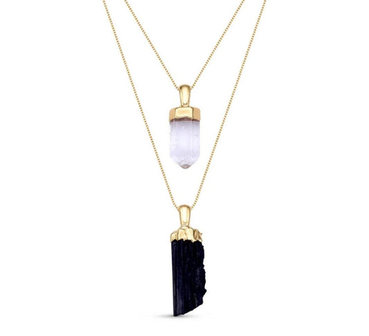 New 2025 Brazil Gem , Natural Black Turmaline & Clear Quartz Necklace, 18K/Gold Electroplated