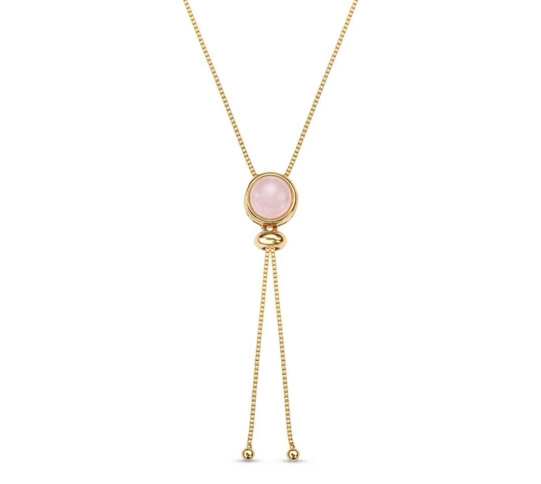 New 2025 Brazil Gem Round Natural Rose Quartz Gemstones 18K Gold Plated Lariat Necklace