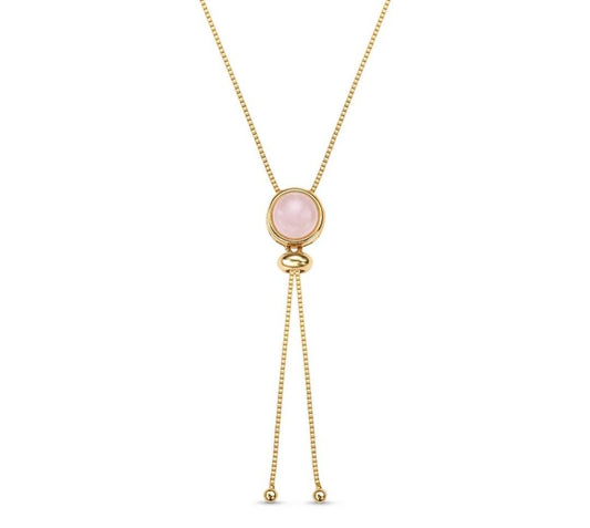 New 2025 Brazil Gem Round Natural Rose Quartz Gemstones 18K Gold Plated Lariat Necklace