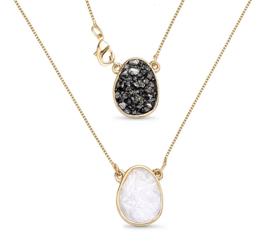 New Brazil Gem Design 2025 / Layered Pendants w/ Natural Pyrite + Selenite Gemstone 18K Gold Plated Necklace