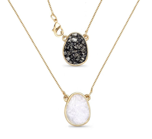 New Brazil Gem Design 2025 / Layered Pendants w/ Natural Pyrite + Selenite Gemstone 18K Gold Plated Necklace