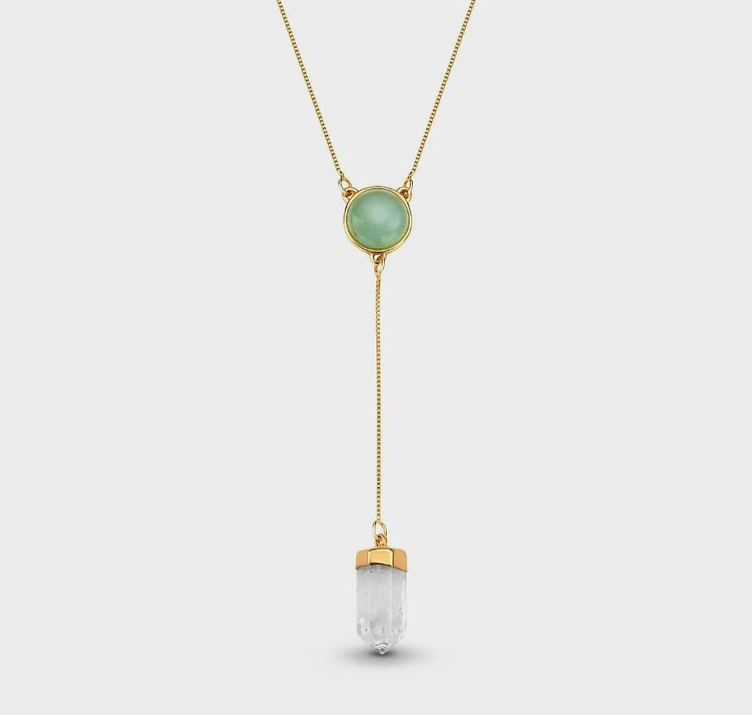 New Brazil Gem Design 2025 / Natural Round Green Quartz Gemstone with Clear Quartz Point, 18K Gold Plated Lariat Necklace