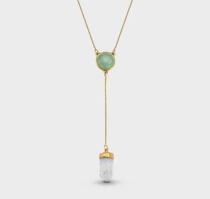 New Brazil Gem Design 2025 / Natural Round Green Quartz Gemstone with Clear Quartz Point, 18K Gold Plated Lariat Necklace