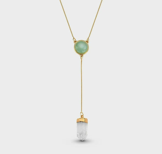New Brazil Gem Design 2025 / Natural Round Green Quartz Gemstone with Clear Quartz Point, 18K Gold Plated Lariat Necklace
