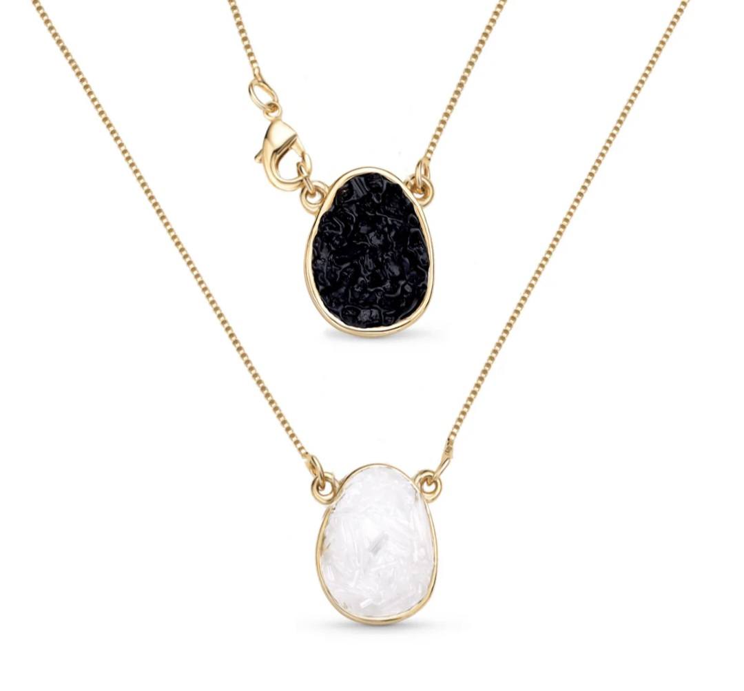 New Brazil Gem Design 2025 / Layered Pendants w/ Natural Sort Turmaline + Selenite Gemstone 18K Gold Plated Necklace