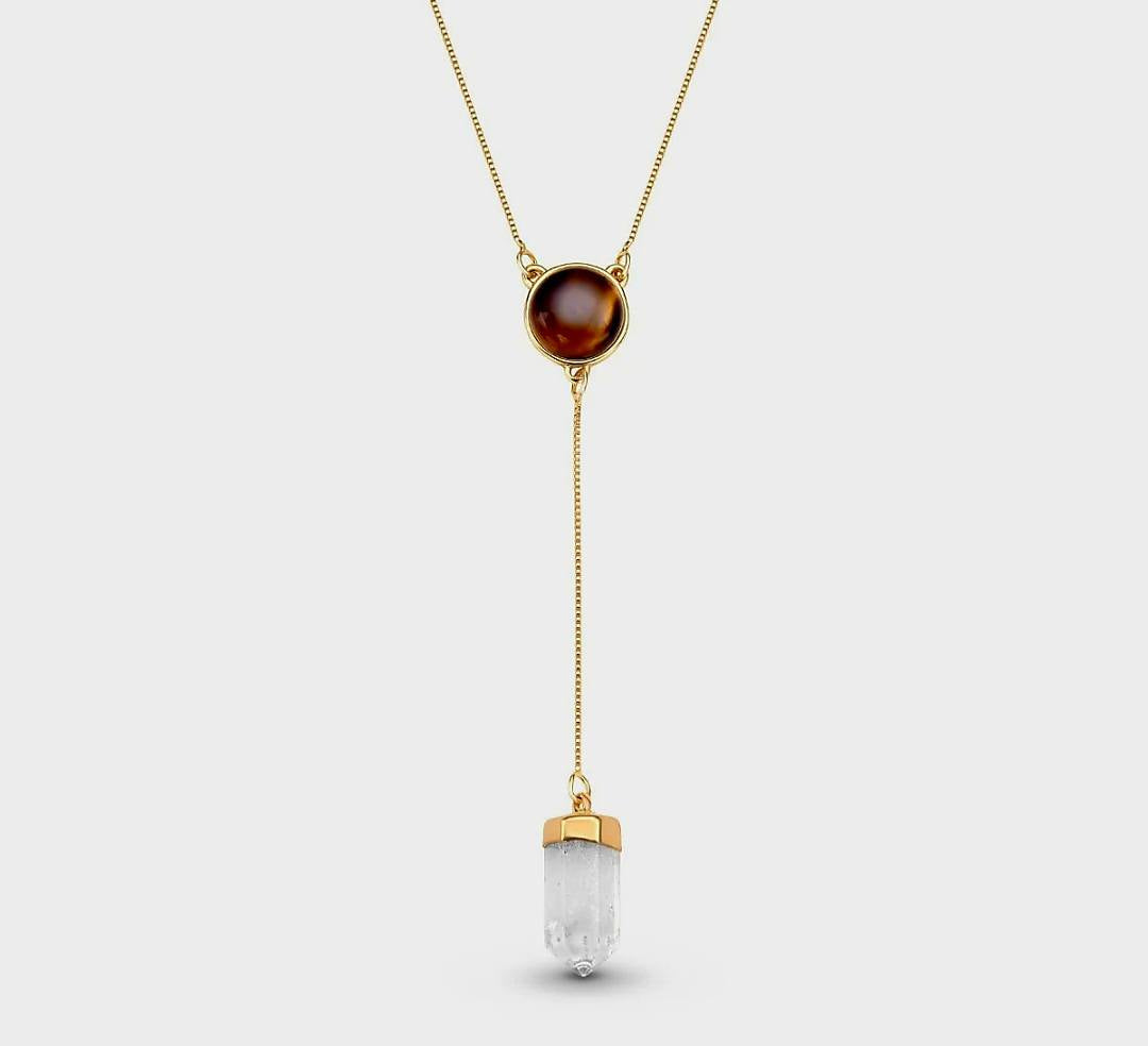 New Brazil Gem Design 2025 / Natural Round Smoke Obsidian Quartz Gemstone with Clear Quartz Point, 18K Gold Plated Lariat Necklace