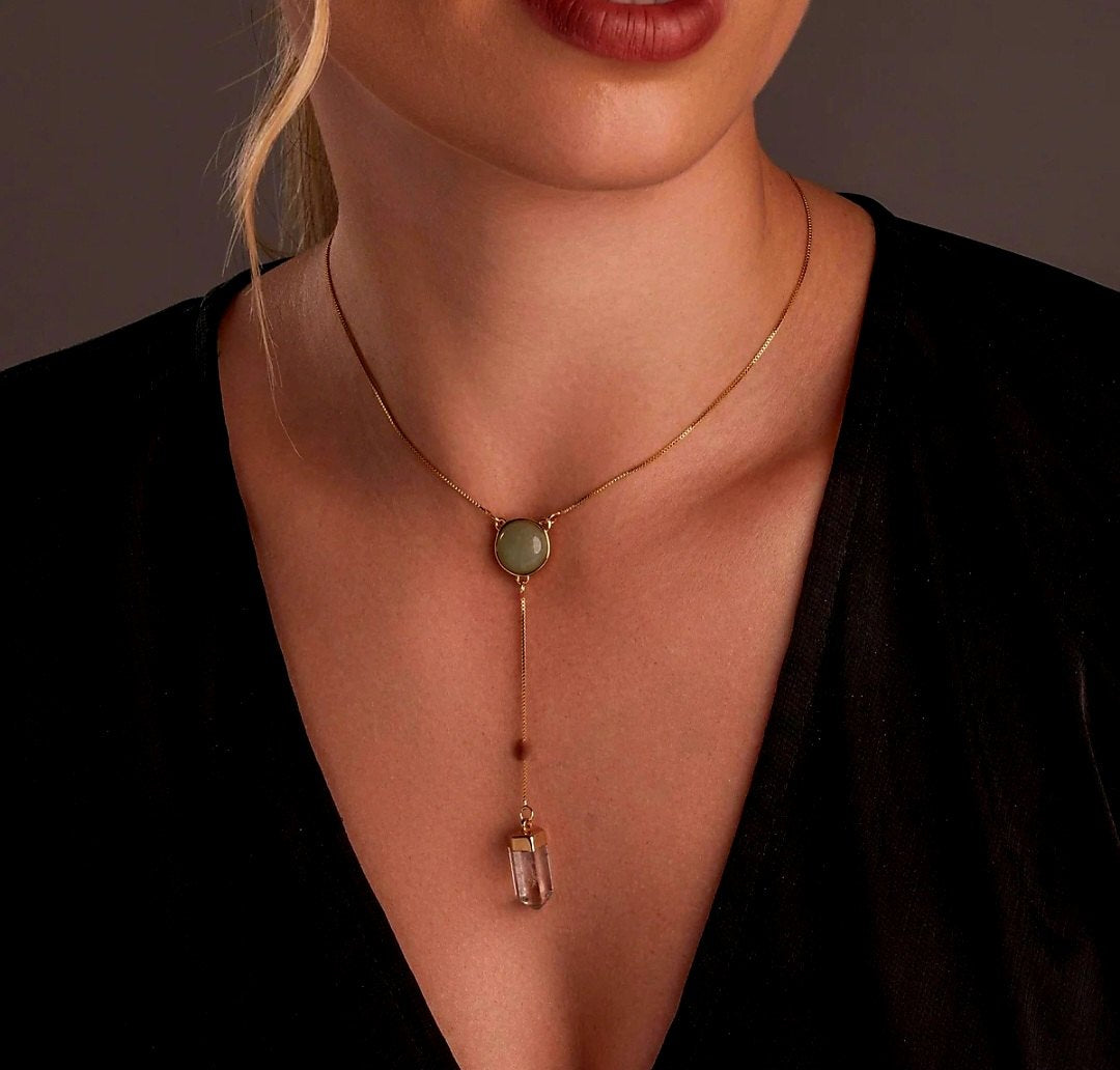 New Brazil Gem Design 2025 / Natural Round Green Quartz Gemstone with Clear Quartz Point, 18K Gold Plated Lariat Necklace