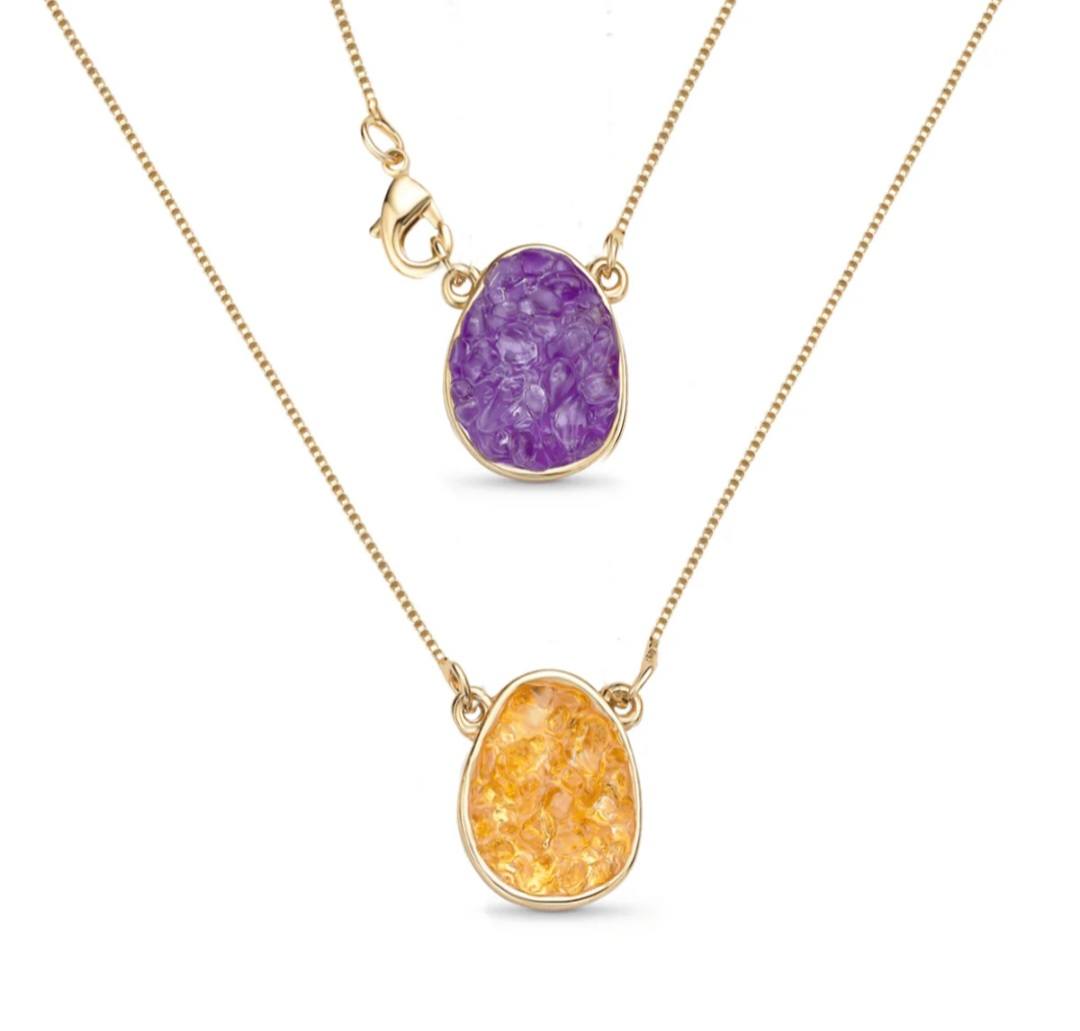 New Brazil Gem Design 2025 / Layered Pendants w/ Natural Ametyst + Citrine Gemstone 18K Gold Plated Necklace