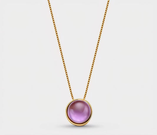 New 2025 Brazil Gem Round Amethyst Cabochon Pendant 18K Gold Plated Necklace
