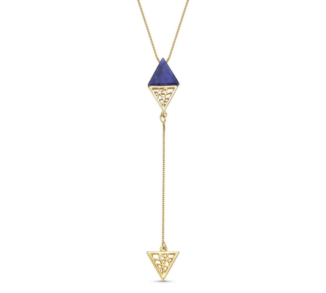 New 2025 Brazil Gem Triangular Plate Sodalite Gemstone with Gold Design 18K Gold Plated Lariat Necklace