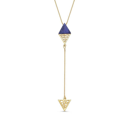 New 2025 Brazil Gem Triangular Plate Sodalite Gemstone with Gold Design 18K Gold Plated Lariat Necklace