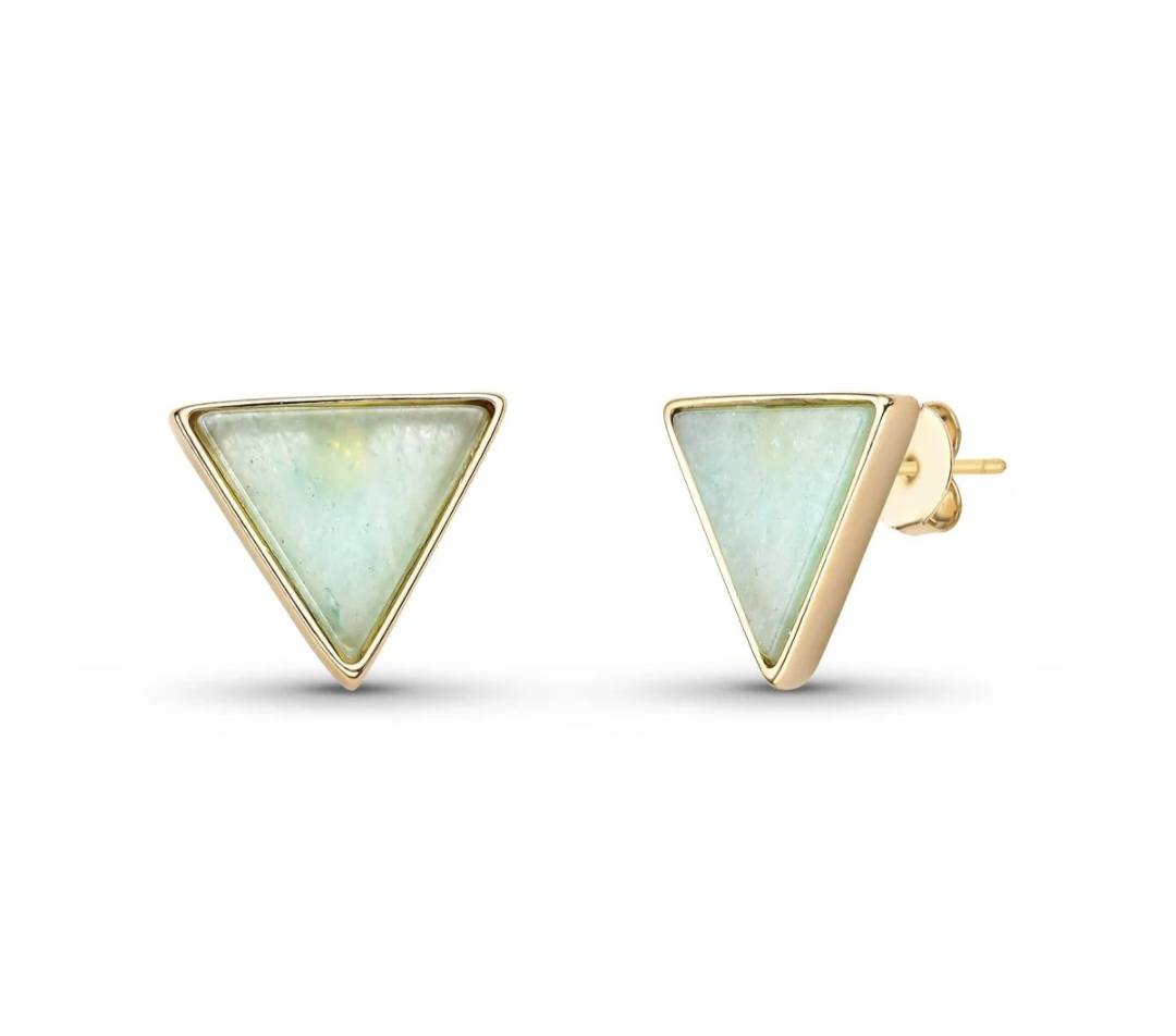 Drop Style 18K Gold Plated Earrings w/ Triangle Shaped Gemstones, Green Quartz