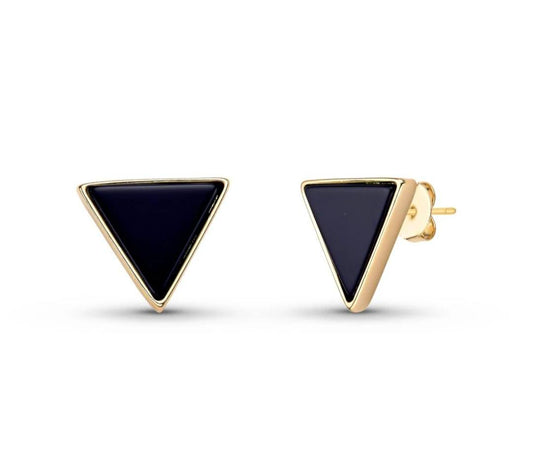 Drop Style 18K Gold Plated Earrings w/ Triangle Shaped Gemstones, Black AGATE