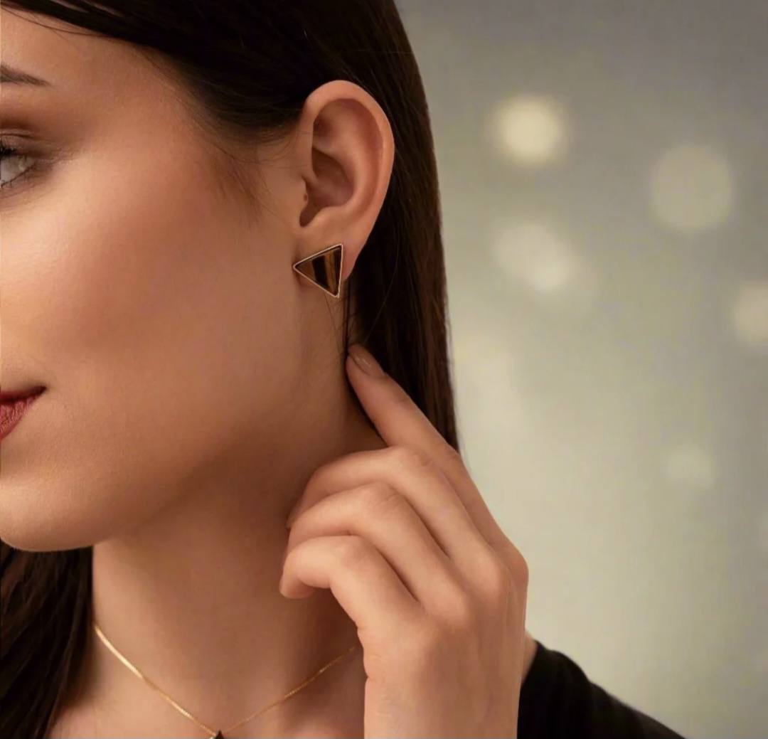 Drop Style 18K Gold Plated Earrings w/ Triangle Shaped Gemstones, Tigereye